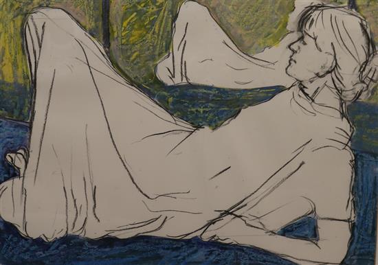 Christopher Marvell, charcoal and acrylic, studio interior with reclining figure, label verso 53 x 74cm